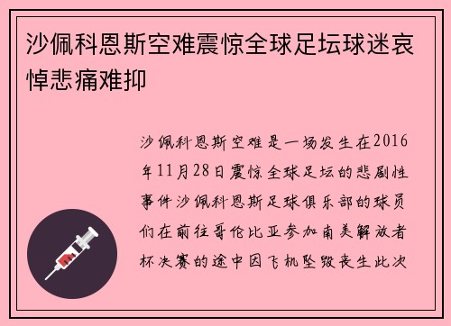 沙佩科恩斯空难震惊全球足坛球迷哀悼悲痛难抑