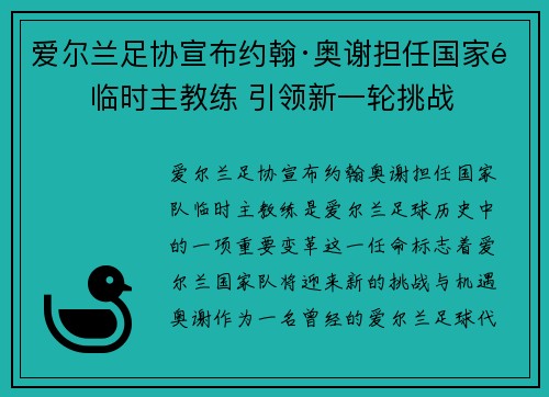 爱尔兰足协宣布约翰·奥谢担任国家队临时主教练 引领新一轮挑战