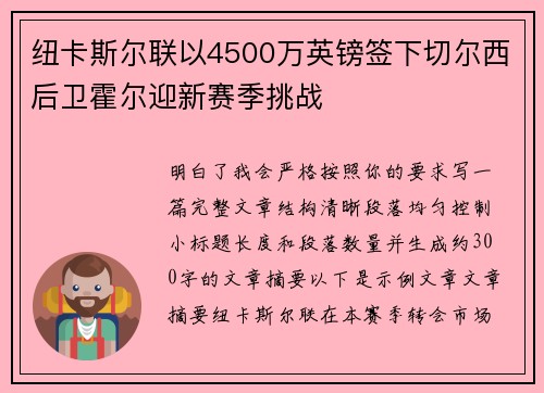 纽卡斯尔联以4500万英镑签下切尔西后卫霍尔迎新赛季挑战